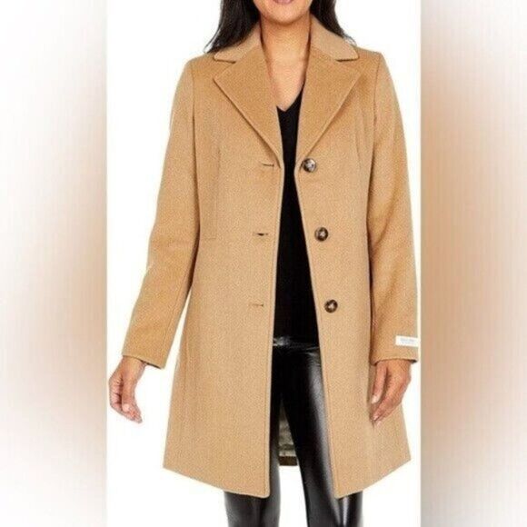 Calvin Klein Camel Single-Breasted Button Coat Wool Cashmere Blend Size 8 NWT - Picture 1 of 11